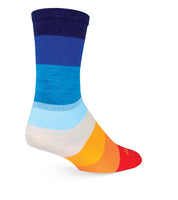 Sock Guy 70's Acrylic Crew Socks feature thick blue, white, orange, yellow, and red stripes