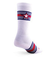 Sock Guy All American Acrylic Crew Socks are white with blue and red stripes with a star design incorporated