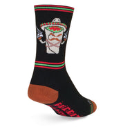 Sock Guy Bandito Acrylic Crew Socks are black with a bandito character on the side with attractive red and green stripes