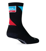Sock Guy People For Bikes 2 Acrylic Crew Socks are black with blue and red bike design on top