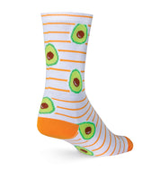 Sock Guy Ripe Avocado Acrylic Crew Socks white with orange stripes and sliced avocados