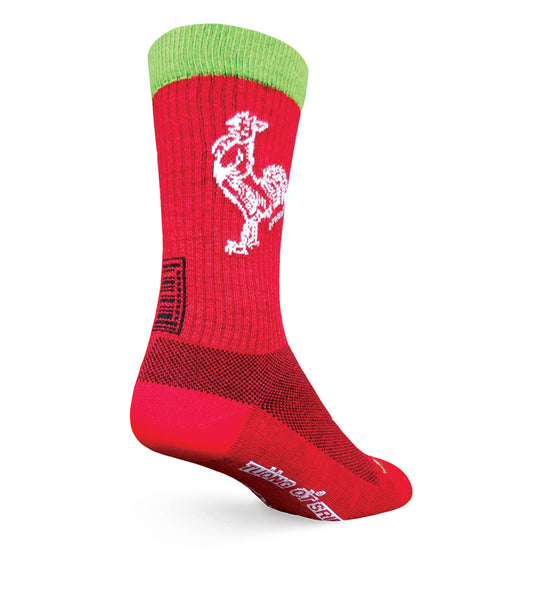 Sock Guy Sriracha Acrylic Crew Socks in red with a green band on top