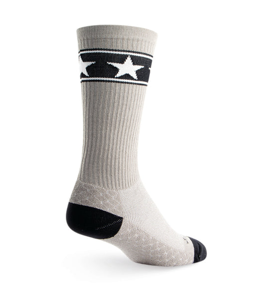 Sock Guy Stars Acrylic Crew Socks in gray with a blue band an stars woven in