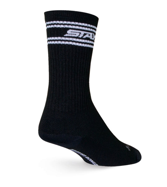 Sock Guy Stay Strong 2 Acrylic Crew Socks in black with white stripes and the words Stay Stong on top