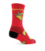 Sock Guy Taco Tuesday Acrylic Crew Socks are red with tacos wearing a sombrero