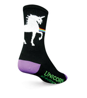 Sock Guy Unicorn Express Acrylic Crew Socks are black with a white unicorn and a rainbow strip coming out of its chest